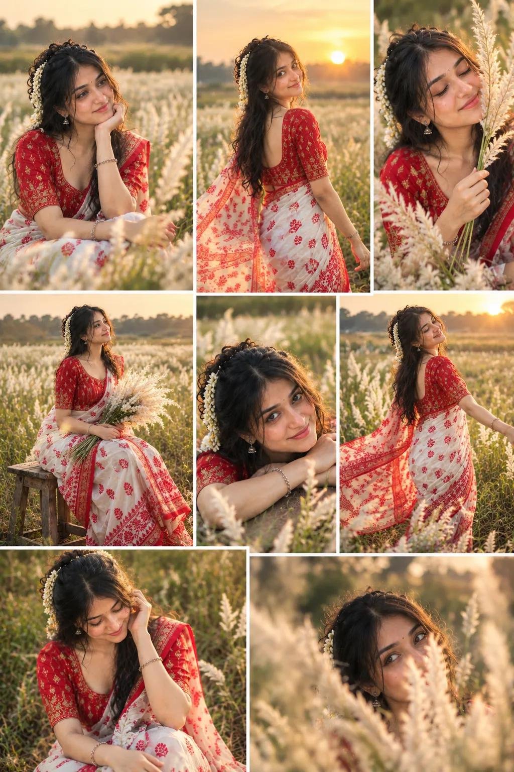 Girl 10 pose Photo Editing Prompt | Kash phool, red sarees & golden hour